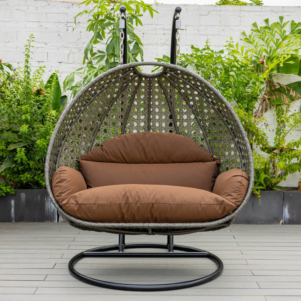 2 Person Charcoal Wicker Double Hanging Egg Swing Chair, Brown
