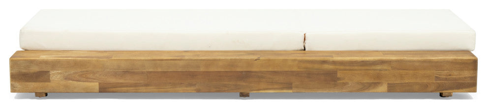 Ursula Outdoor Acacia Wood Chaise Lounge and Cushion Set, Set of 2, Cream