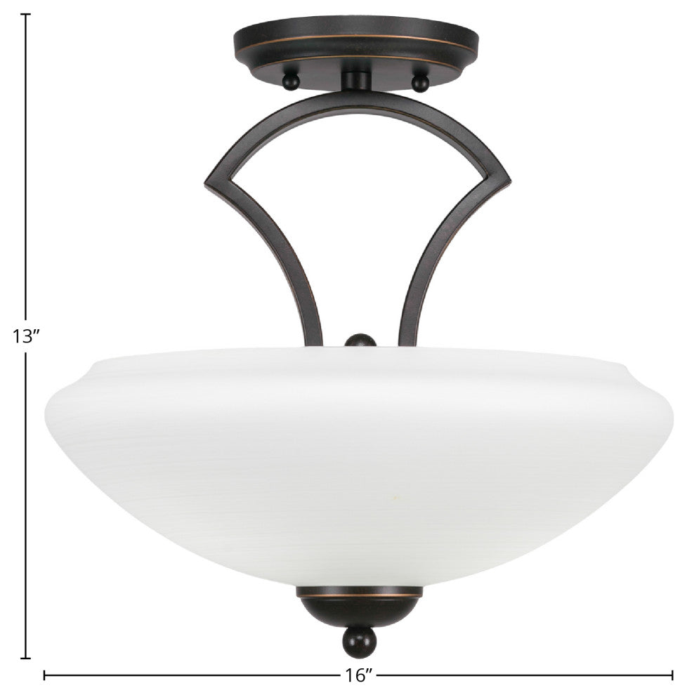 Zilo Semi Flush With 2 Bulbs, Dark Granite, 14" Zilo White Linen Glass