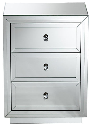 Hollywood Regency Glamour Style Mirrored Three Drawer Nightstand Bedside Table