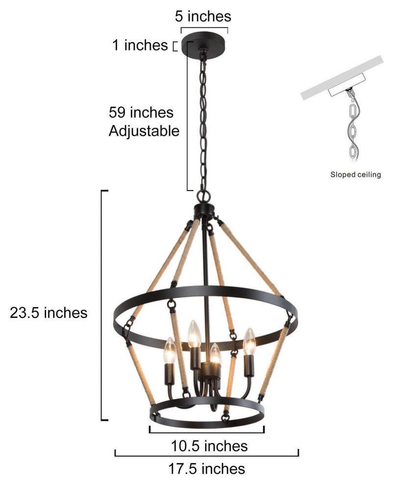4-Lights Hemp Rope Tiered and Matte Black Modern/Farmhouse LED Chandelier
