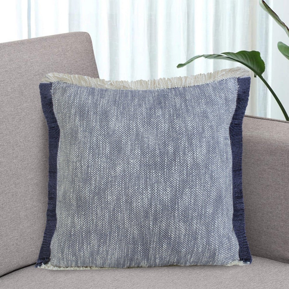 Two-Tone Cotton Throw Pillow with Fringe, Navy Blue, 20" X 20"
