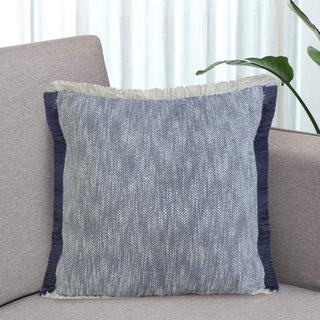 Two-Tone Cotton Throw Pillow with Fringe, Navy Blue, 20" X 20"