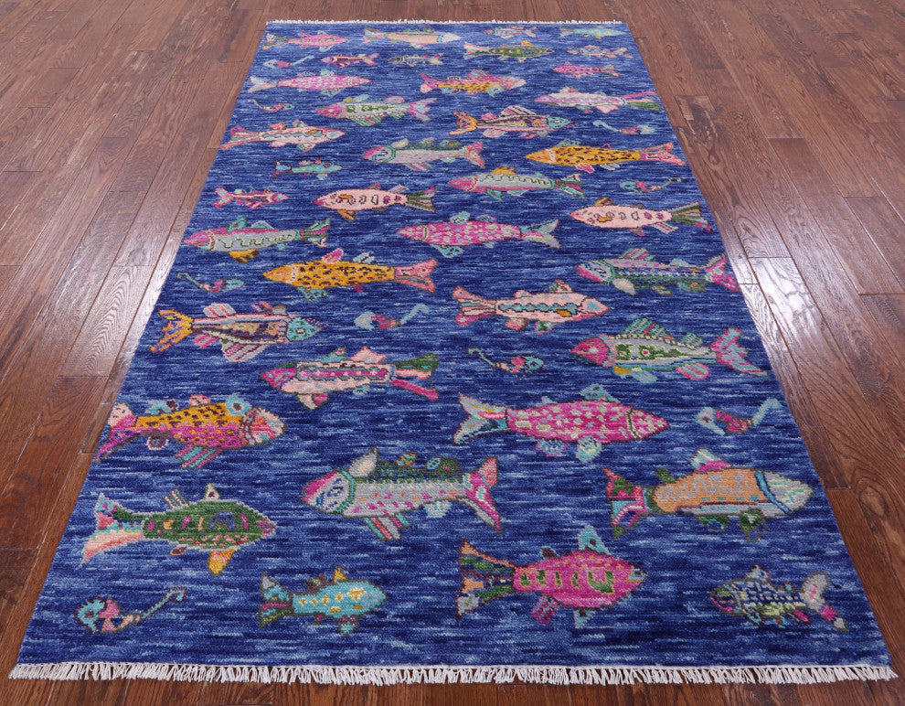 5' 1" X 8' 3" Hand Knotted Gabbeh Fish Design Wool Rug - Q15354
