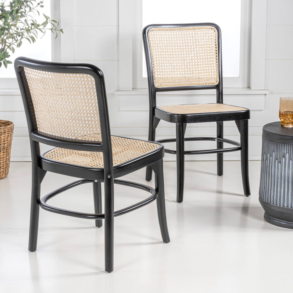 Colmar Mid-Century Vintage Wood Rattan Dining Chair, Black/Natural, Set of 2