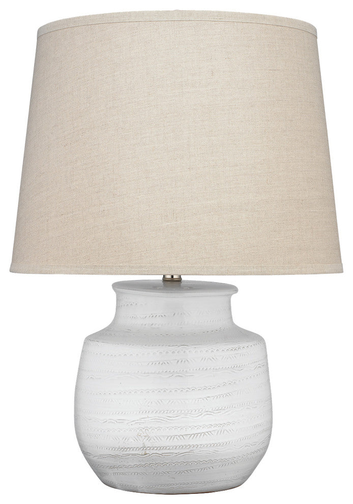 Small Trace Table Lamp, White Ceramic With Large Cone Shade, Natural Linen