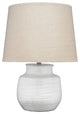 Small Trace Table Lamp, White Ceramic With Large Cone Shade, Natural Linen