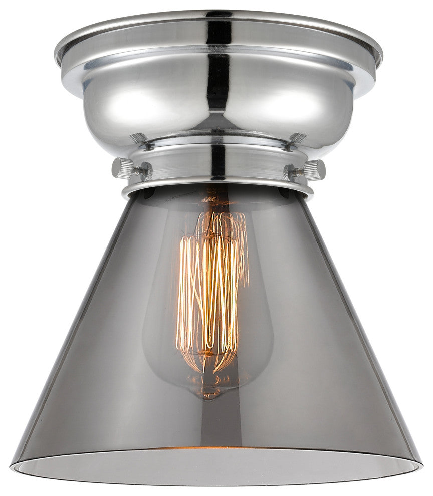 Large Cone 1-Light Flush Mount, Polished Chrome, Plated Smoke
