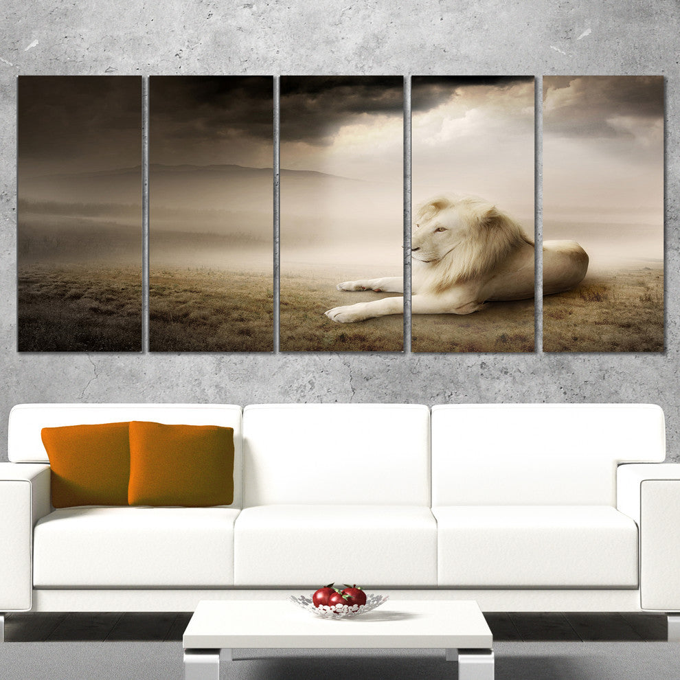 King of Animals At Sunset, Animal Canvas Wall Art, 60"x28", 5 Panels