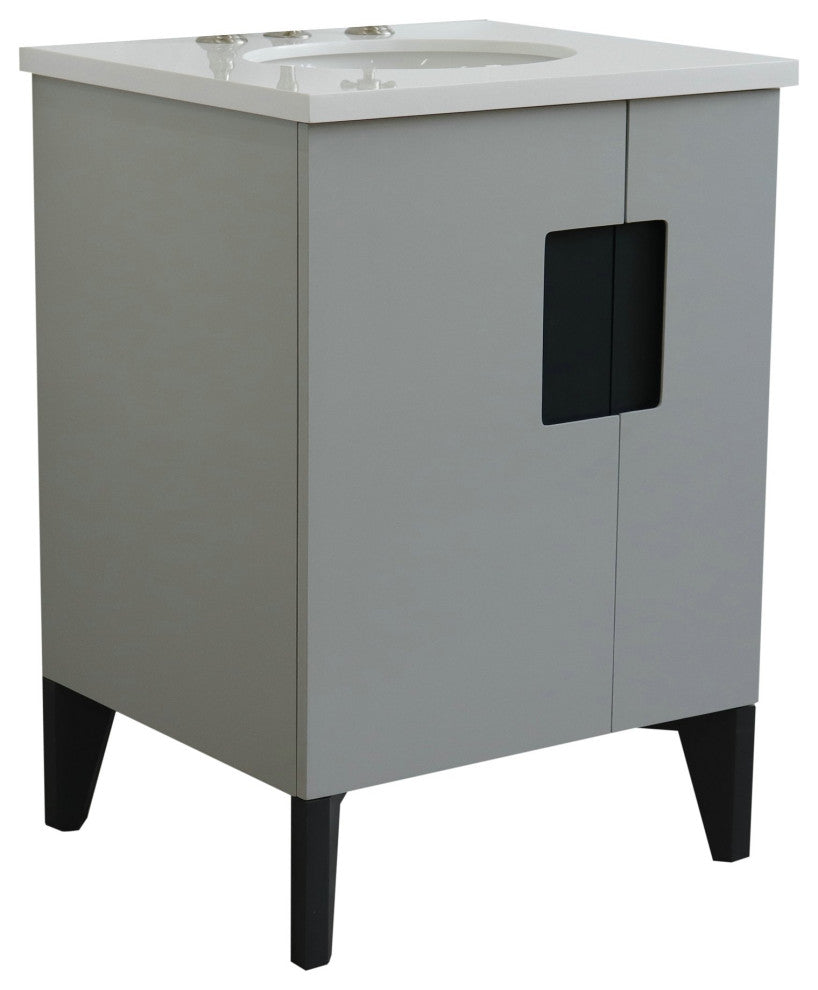25" Single Sink Vanity, Light Gray Finish With Engineered Stone Top, Oval Sink