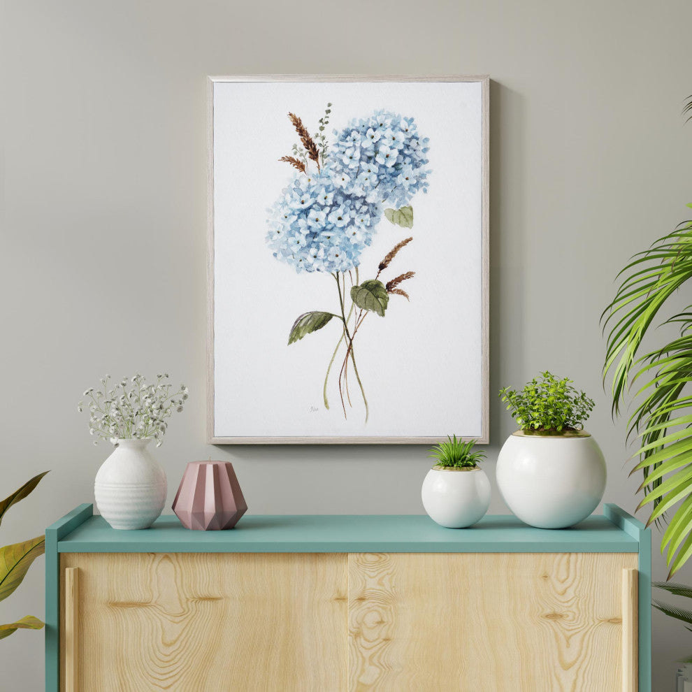 American Art Decor Aqua Hydrangea Flower Framed Canvas Wall Art Print - 18"x24"