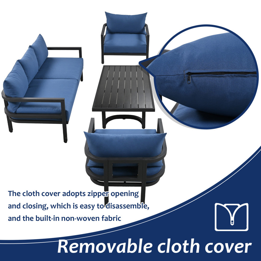 4-Piece Outdoor  Steel Patio Sectional with Table and Cushions, Blue