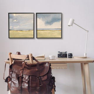 Cloudy Field Nature Landscape Watercolor Collage, 2pc, each 17 x 17