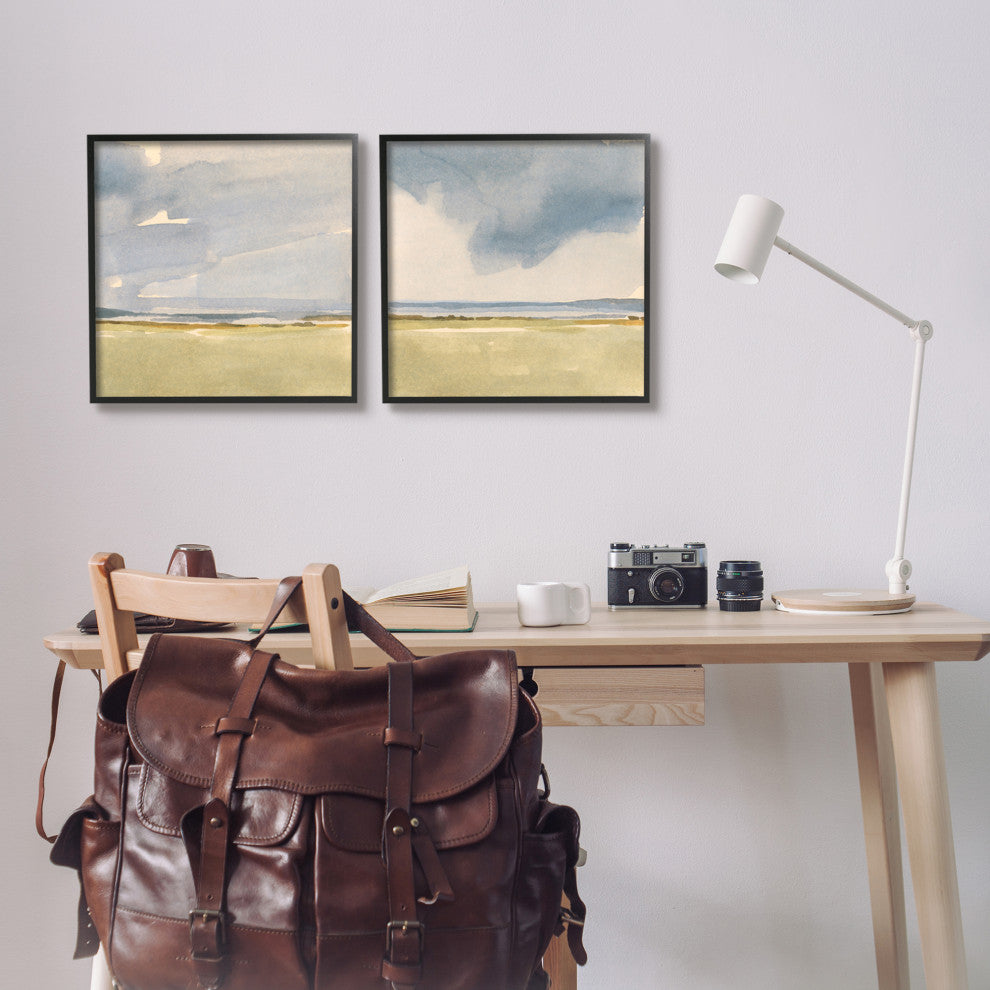 Cloudy Field Nature Landscape Watercolor Collage, 2pc, each 17 x 17