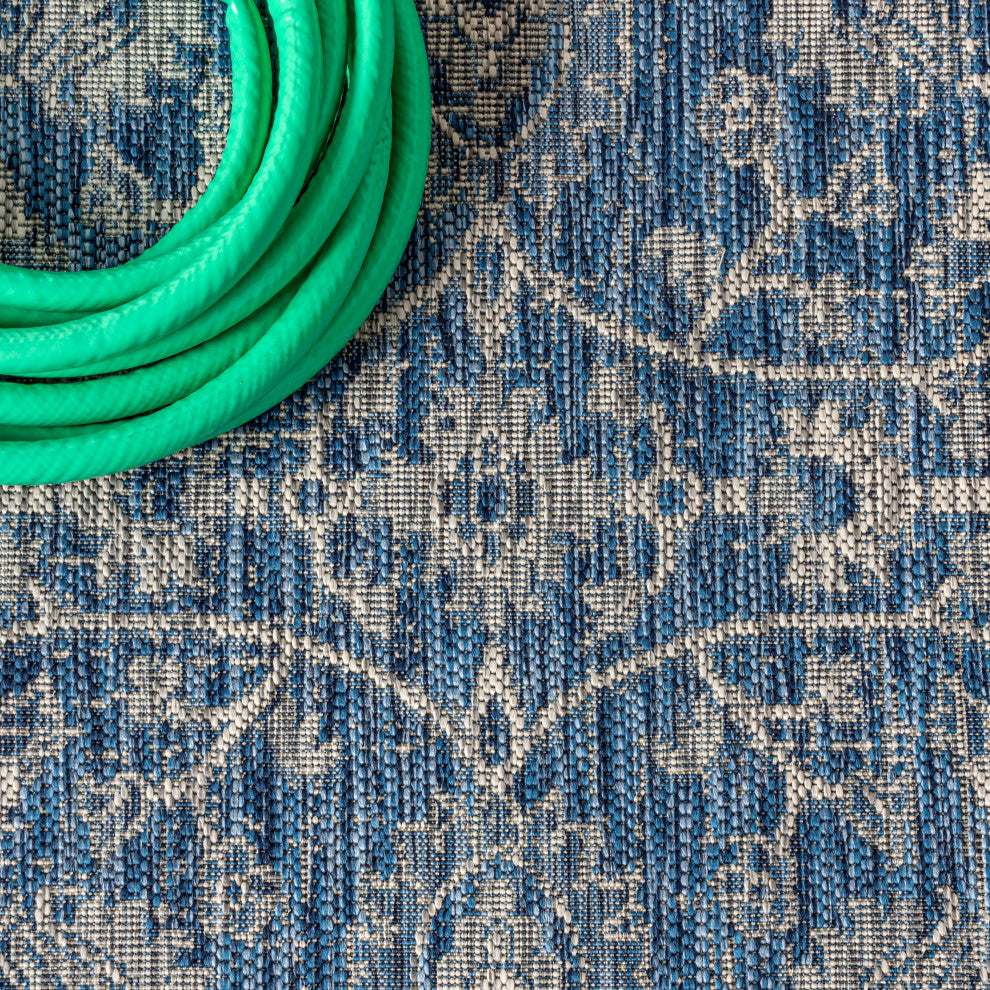 Palazzo Vine and Border Textured Weave Indoor and Outdoor Area Rug, Navy and Gra