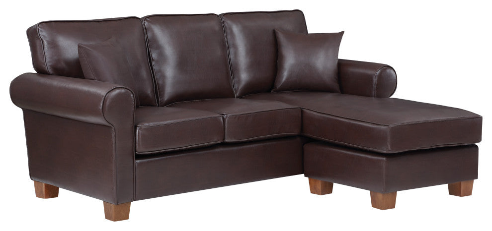 Rylee Rolled Arm Sectional, Cocoa Faux Leather With Pillows and Coffee Legs