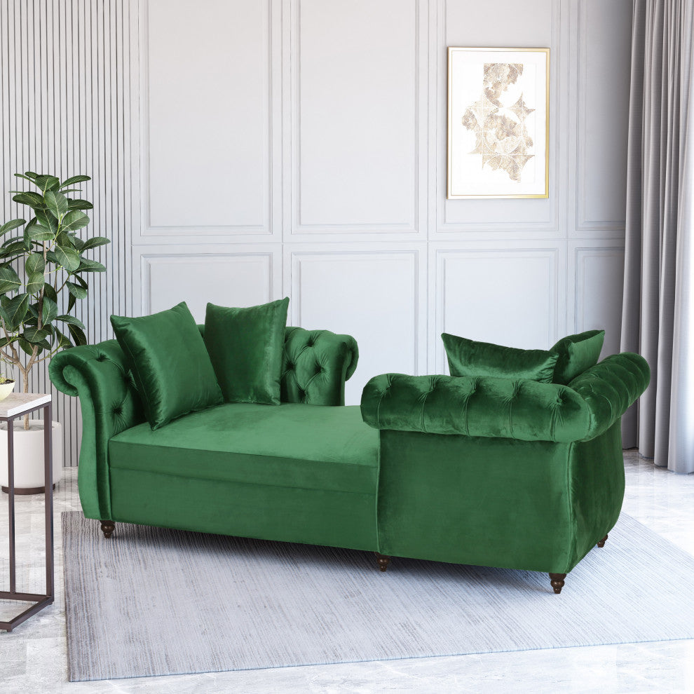 Harrisville Modern Tufted Velvet Tete-a-Tete Chaise Lounge with Accent Pillows, Emerald + Dark Brown