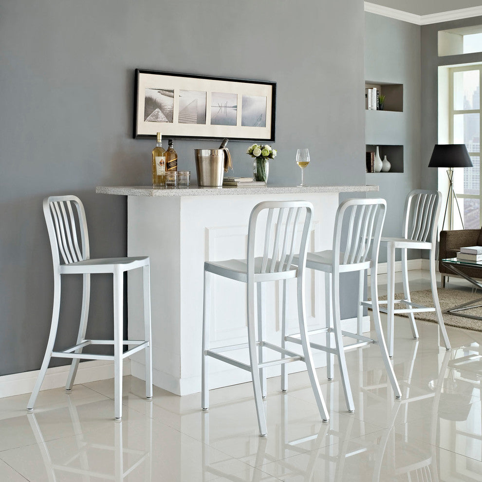 Modern Contemporary Dining Kitchen Metal Bar Stools, Silver, Set of 4