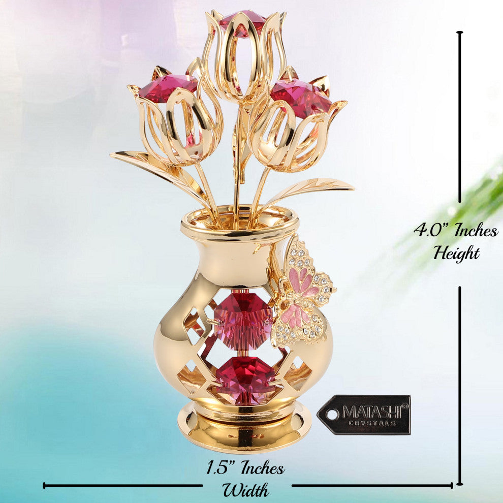 24K Gold Plated Crystal Studded Flower With Butterfly Ornament, Red Crystals