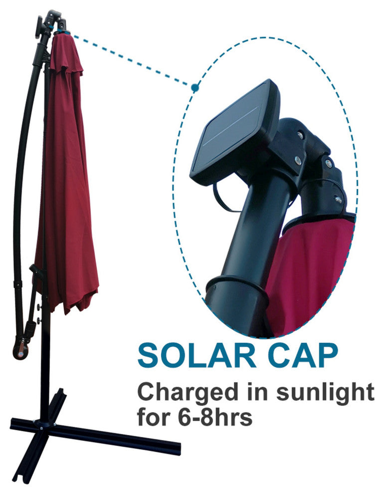 10' Steel Patio Umbrella Outdoor Market With Crank and LED Lights, Dark Red