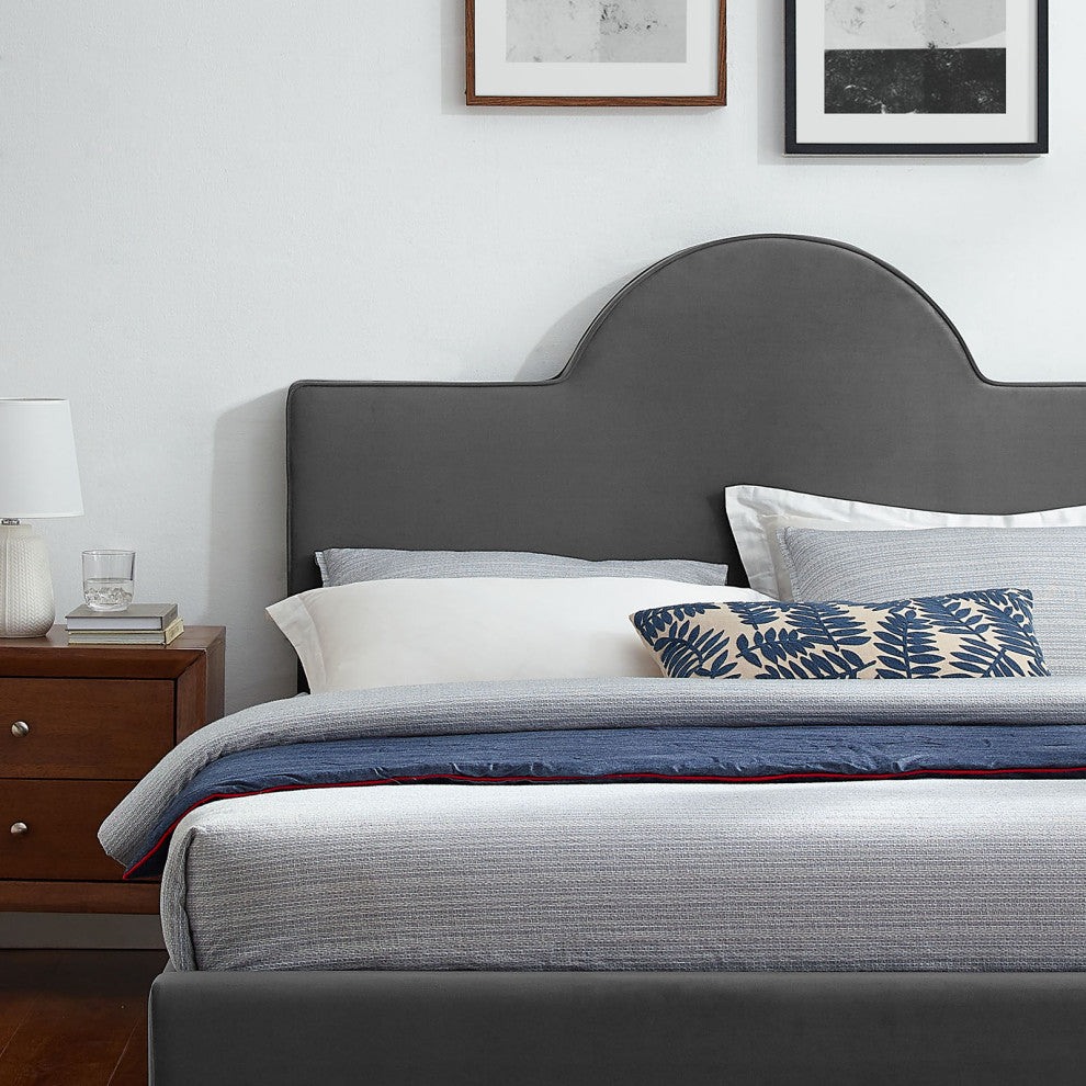 Platform Bed Frame, Queen Size, Charcoal Gray, Velvet, Modern, Guest Suite