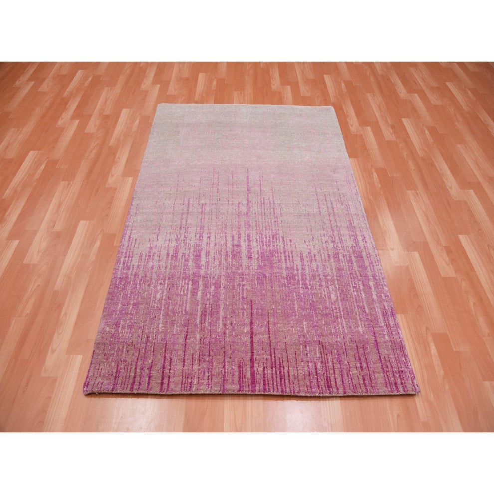 Natural Wool Pink Vertical Ombre Design Hand Knotted Oriental Rug, 4'1" x 6'2"