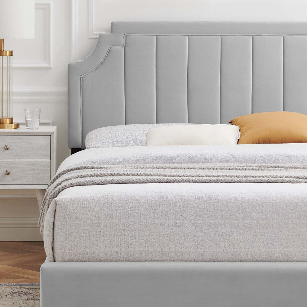Platform Bed Frame, Twin Size, Velvet, Light Grey Gray, Modern Contemporary