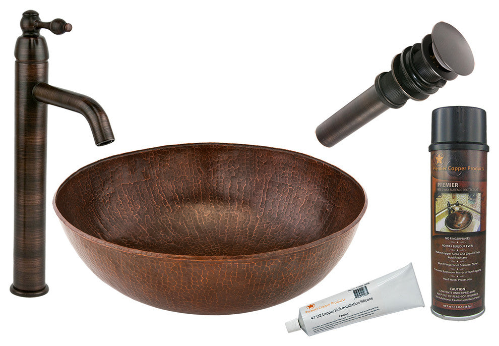 Premier Copper Products BSP1_VR17BDB 17" Round Vessel Copper Sink Package