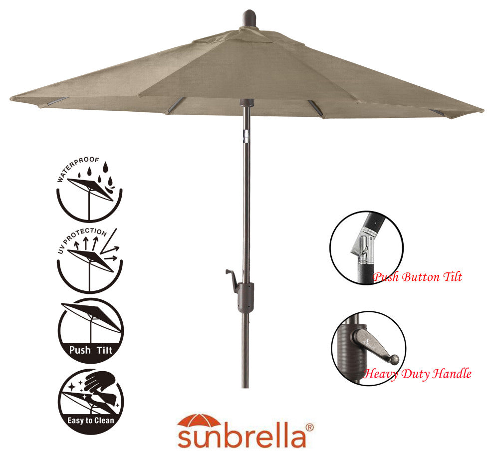 9' Round Push Tilt Market Umbrella, Antique Bronze frame, Sunbrella, Taupe