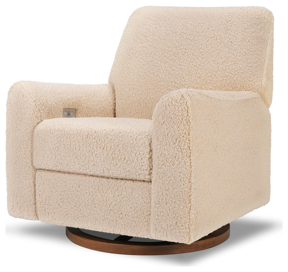 Sunday Power Recliner and Swivel Glider, Chai Shearling With Dark Wood Base