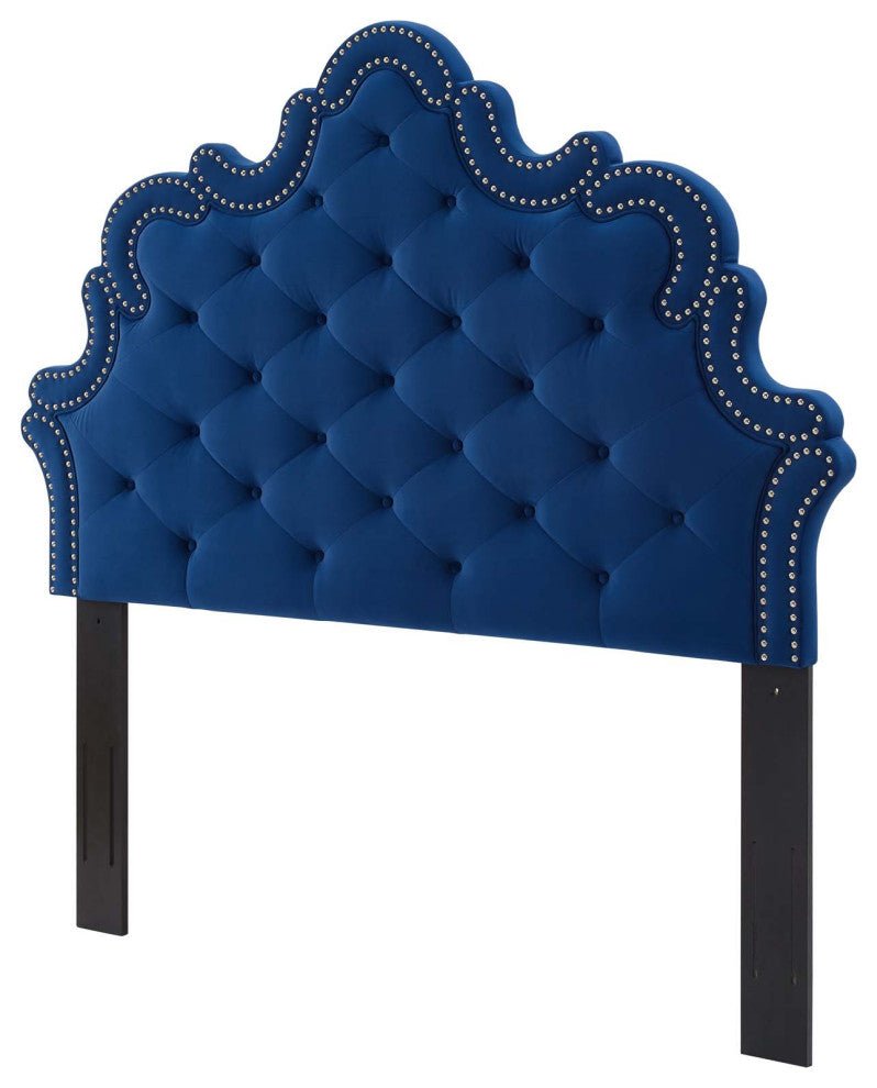 Tufted Headboard, Nailhead, Twin Size, Blue Navy, Velvet, Modern, Mid Century