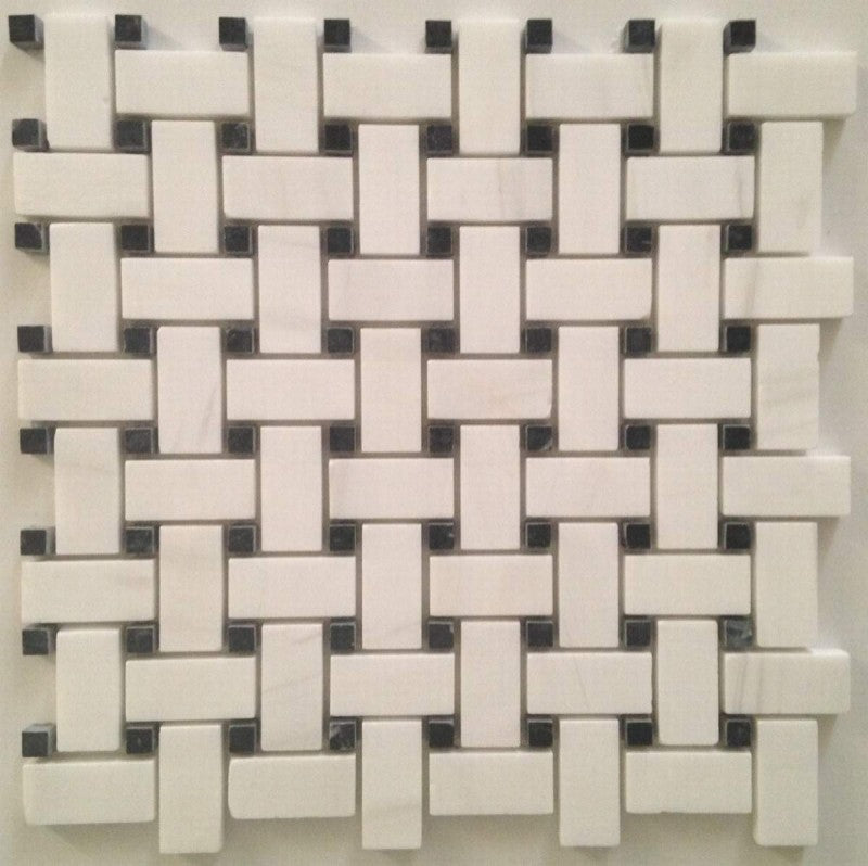 12"x12" Thassos White Greek Marble Honed Basketweave Mosaic Tile, Black Marble
