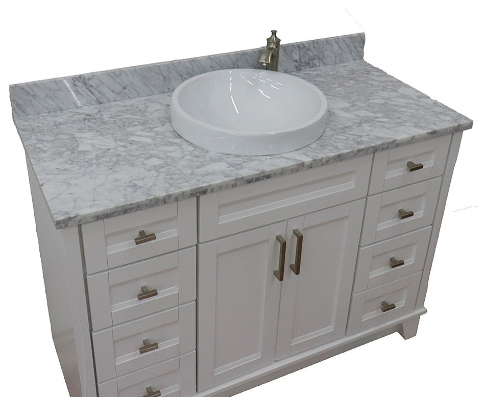 49" Single Sink Vanity, White Finish With White Carrara Marble And Round Sink
