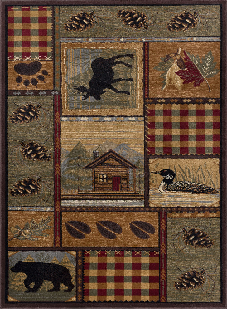 Homespun Cabin Novelty Pattern Lodge Area Rug, Multi-Color, 5'3'' X 7'3''