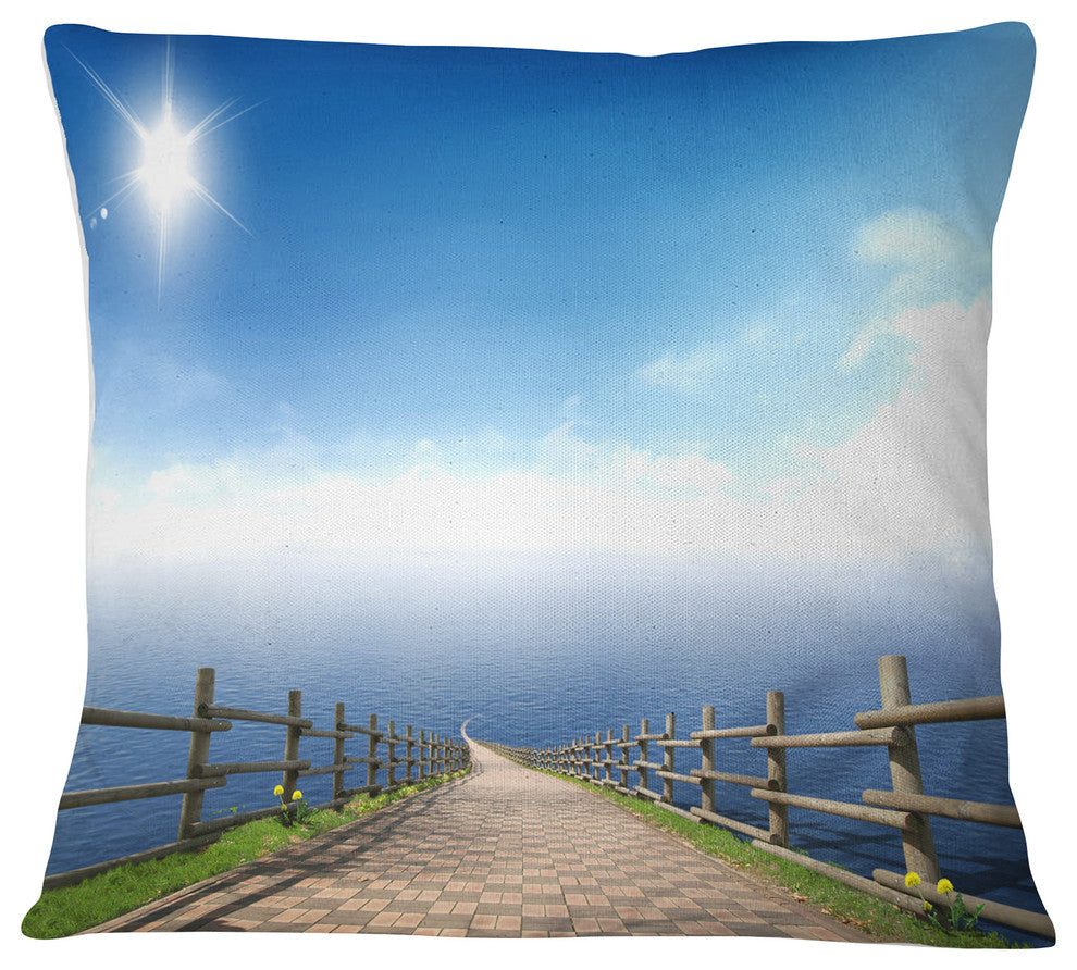 Endless Pier into Blue Sea Seascape Photography Throw Pillow, 18"x18"