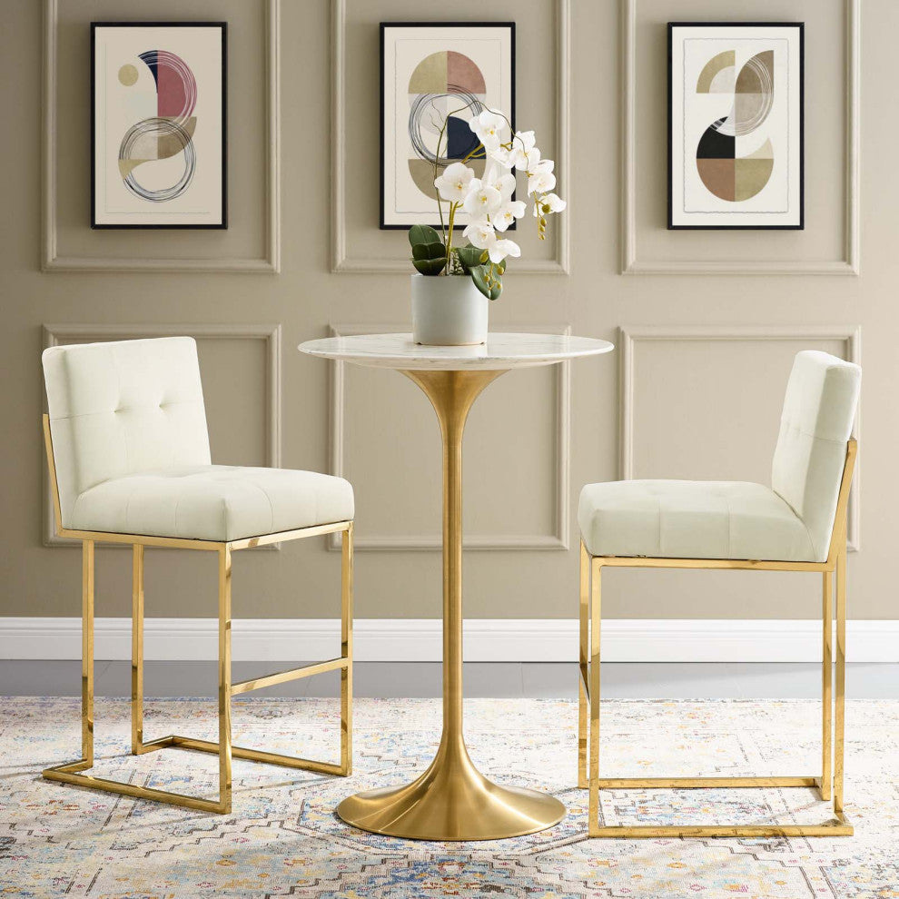 Bar Stool Chair Barstool, Set of 2, Velvet, Gold Ivory White, Pub Cafe Bistro