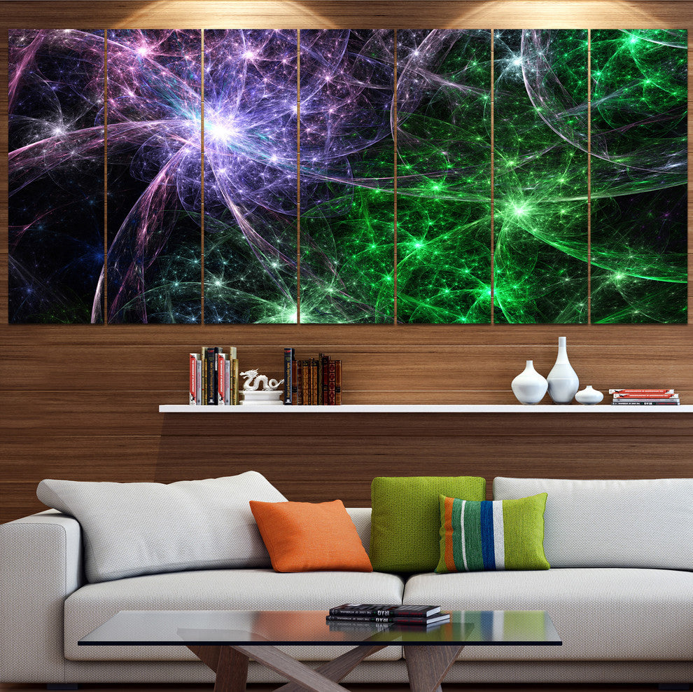 Green Purple Colorful Fireworks, Abstract Art on Canvas, 83"x32", 7 Panels