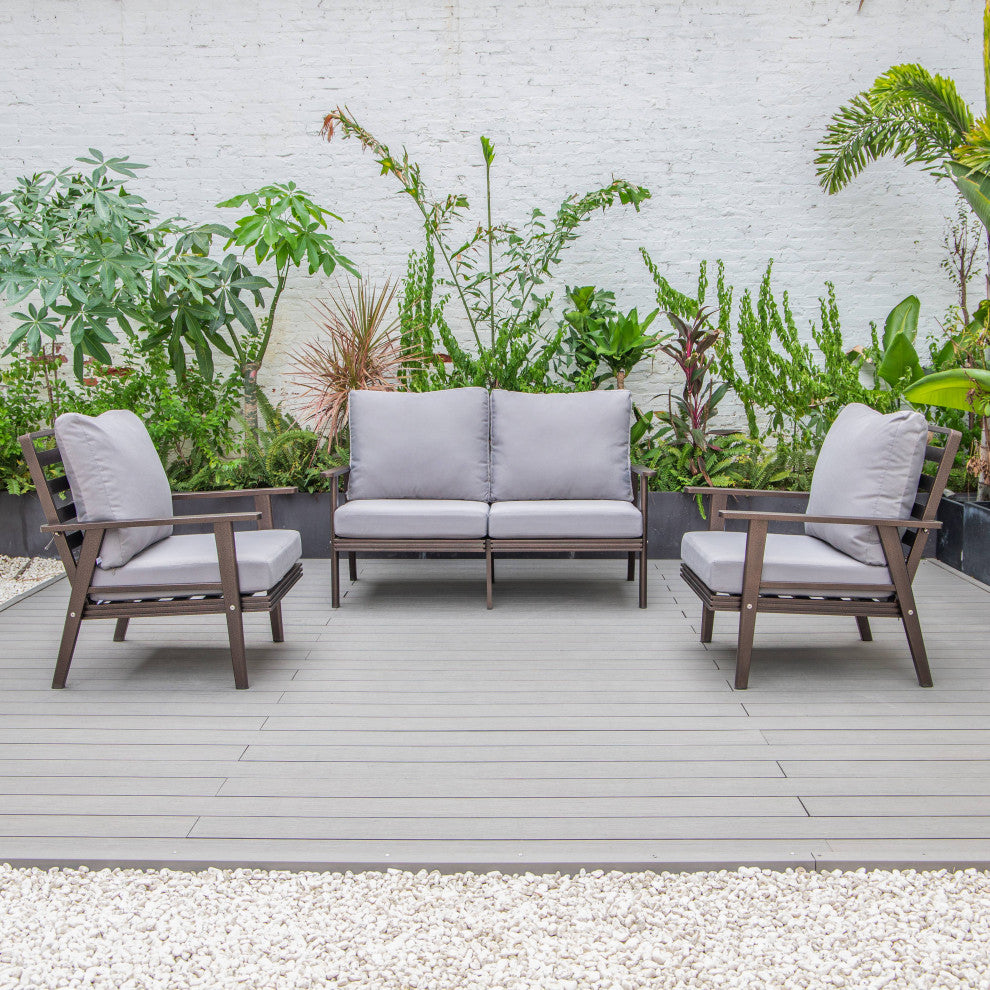 LeisureMod Walbrooke 3-Piece Patio Set With Brown Aluminum Frame and Cushions, Grey