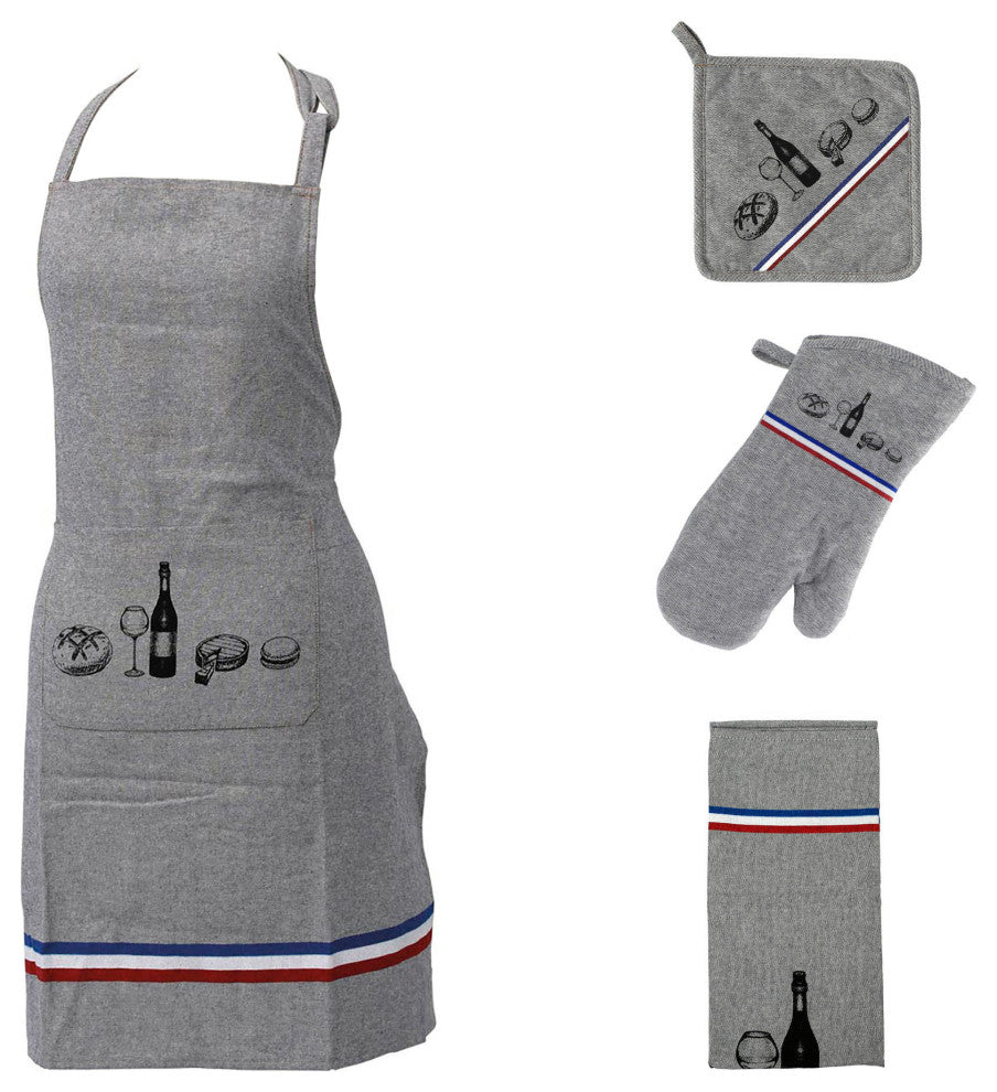 4-Piece Geometric Kitchen Set, Apron Oven Mitt Towel and Pot Holder, Paris