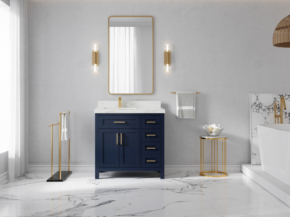 Cambridge 36 Left Offset Bath Vanity in Hale Navy Blue 2" Calacatta Nuvo