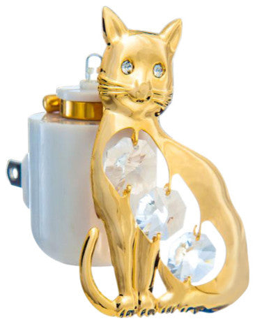 24K Gold Plated Crystal Studded Kitty Cat Night Light With White LED Bulb