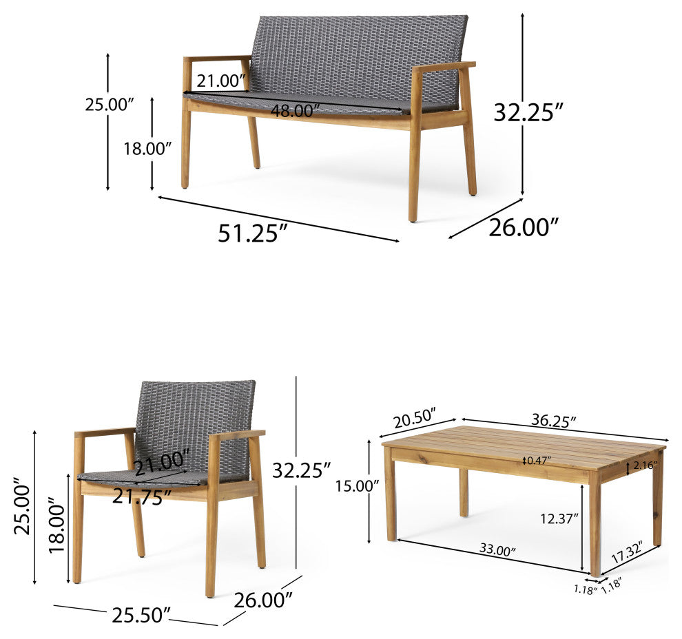 Alamosa Outdoor Wicker and Acacia Wood 4 Seater Chat , Gray and Teak