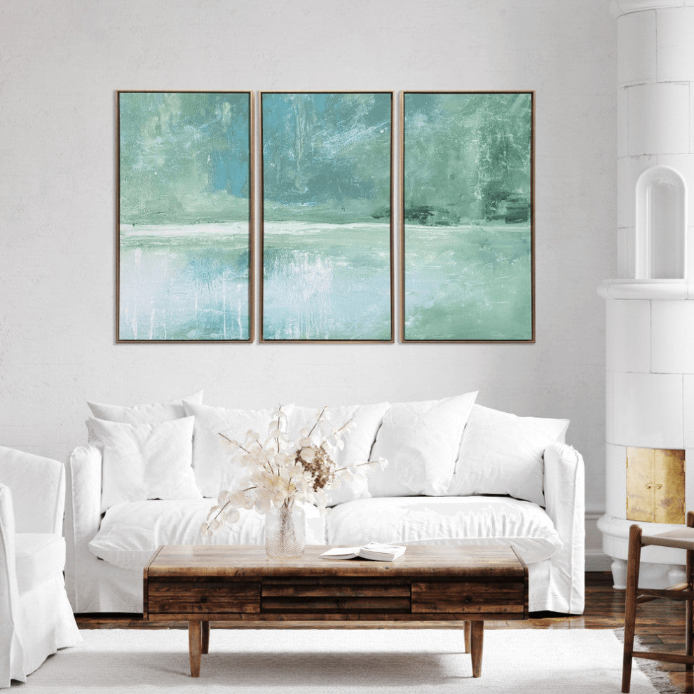 Set of Three Blue Green Abstract Water With Gold Floater Frame Painting Wall Art