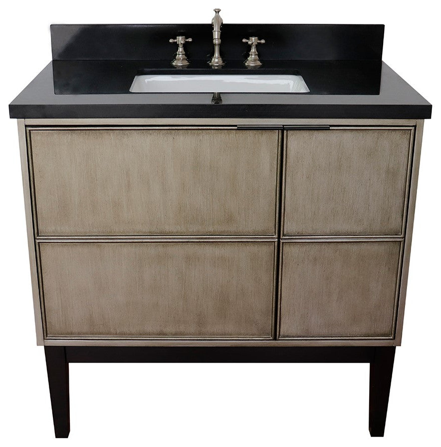 37" Single Vanity, Linen Brown Finish With Black Galaxy Top And Rectangle Sink