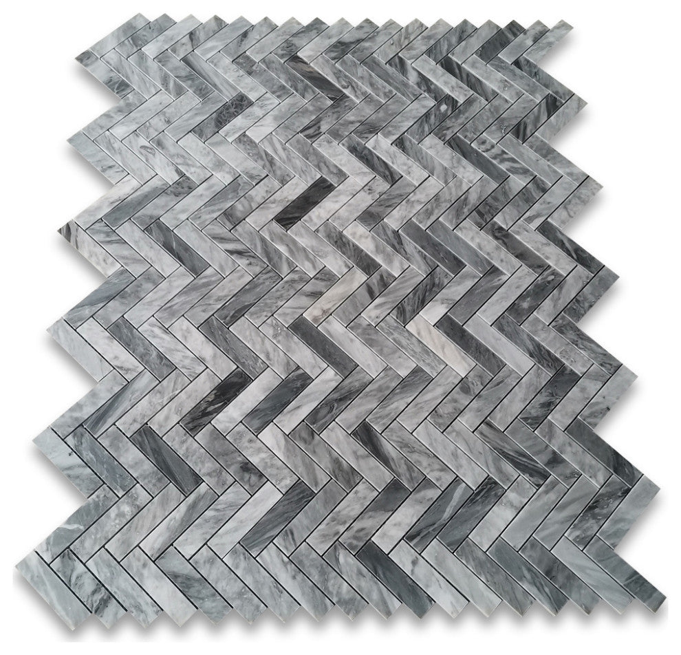 Bardiglio Gray Marble 1x4 Herringbone Mosaic Tile Polished, 1 sheet