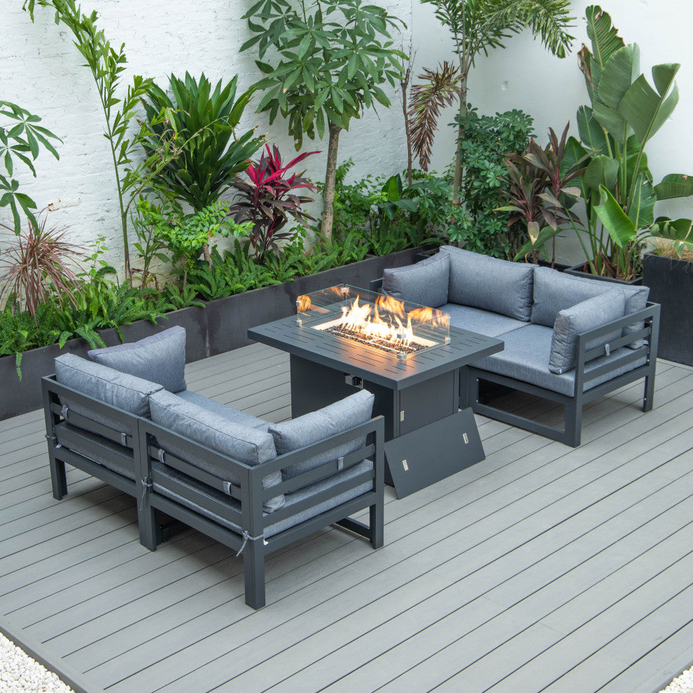 Chelsea 5-Piece Sectional Loveseat and Fire Pit Table Set, Blue