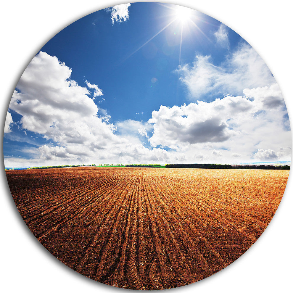 Expansive Field Under White Clouds, Landscape Round Metal Wall Art, 23"