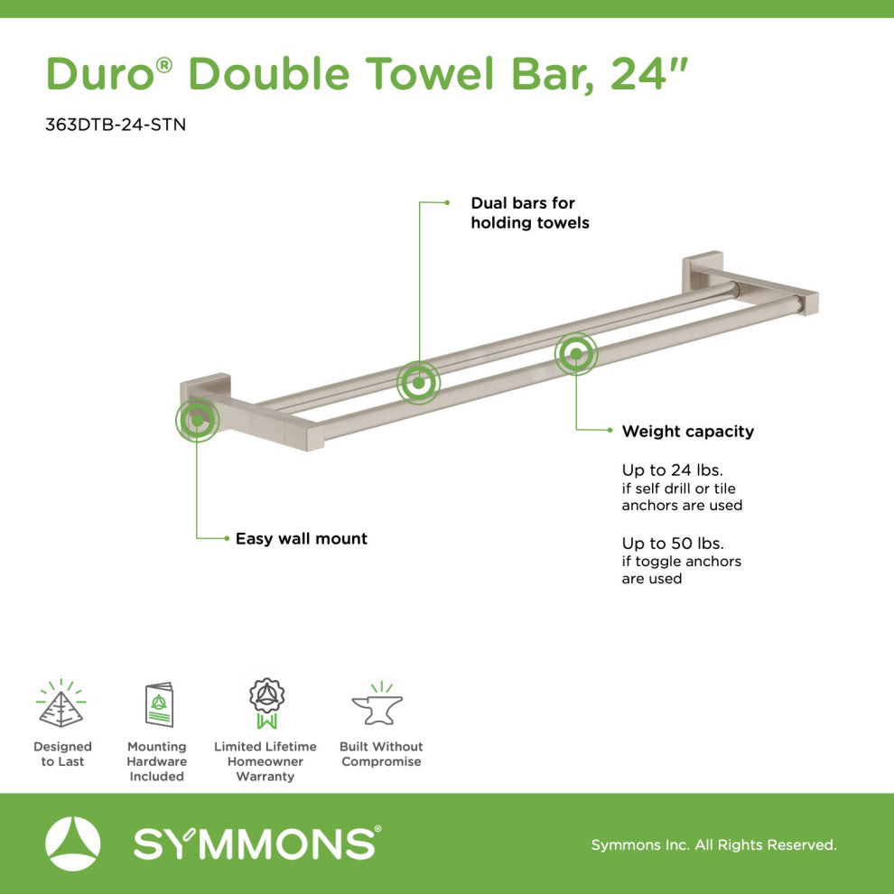 Duro 24 Inch Double Towel Bar with Mounting Hardware, Satin Nickel