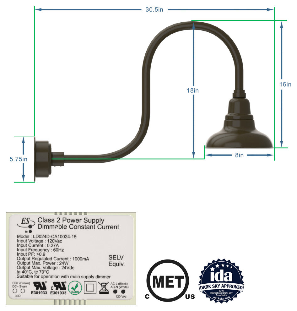 Gooseneck Barn Light With Antique Arm, Mahogany Bronze, 8"