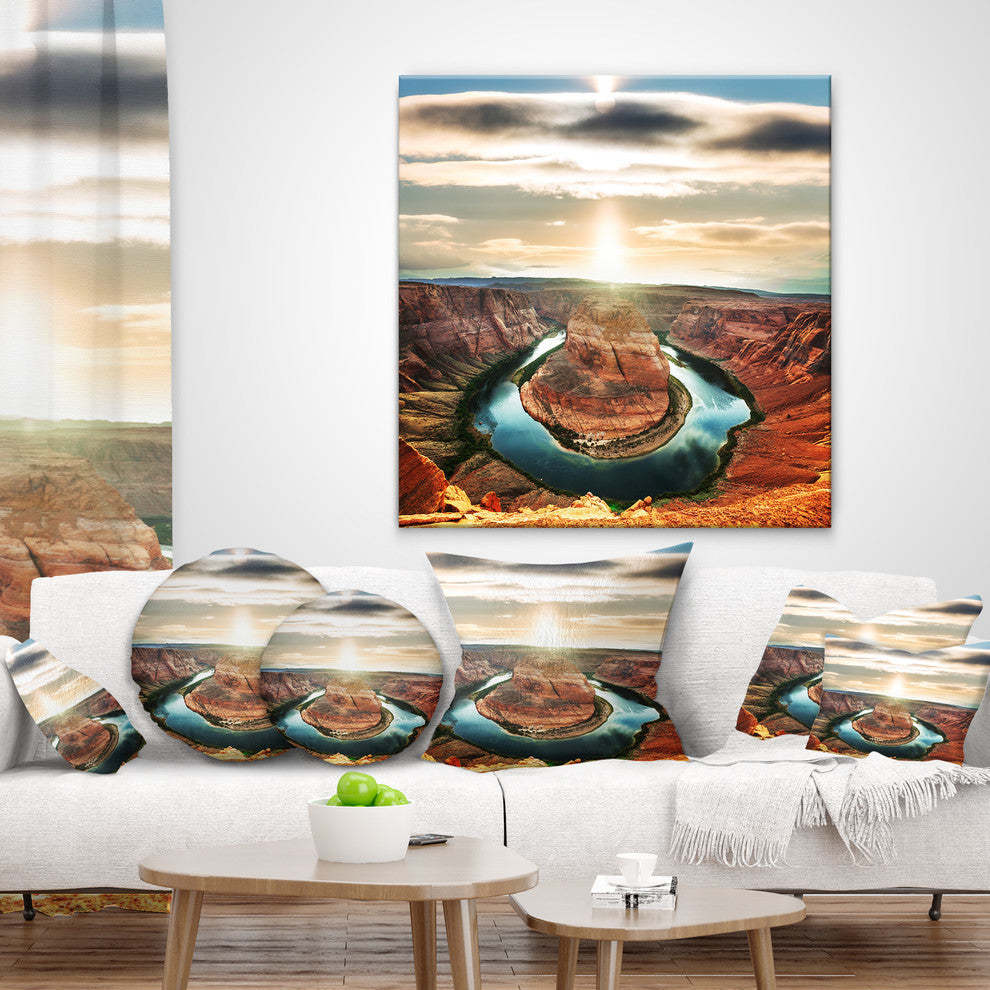 Horseshoe Bend At Sunset Landscape Printed Throw Pillow, 18"x18"